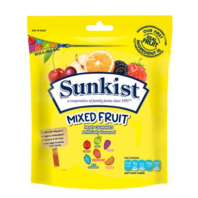 Sunkist Mixed Fruit - Peanut, Fat, High Fructose Corn Syrup Free Mixed Fruit Gummies - Fruit Snacks with Mixed Fruit Flavors - Juicy Fruit Gummy Candy Mix with Resealable Bag by Kervan (24 oz)