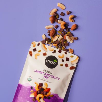 Elan Organic Sweet & Salty Mix, 5.3 oz, Non-GMO, Gluten-Free, Vegan, Kosher, Vegan Dark Chocolate, Dried Fruits (Raisins, Dates), Nuts (Roasted Cashews, Roasted Almonds) & Pumpkin Seeds