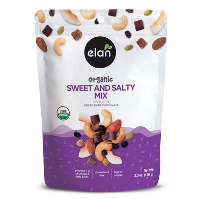 Elan Organic Sweet &amp; Salty Mix, 5.3 oz, Non-GMO, Gluten-Free, Vegan, Kosher, Vegan Dark Chocolate, Dried Fruits (Raisins, Dates), Nuts (Roasted Cashews, Roasted Almonds) &amp; Pumpkin Seeds