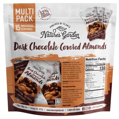 Nature's Garden Dark Chocolate Covered Almonds Snack Packs - No Trans Fat, Indulgent Snack, Dark Chocolate Almonds, Kosher Certified - 1 Oz Bags (15 Individual Servings)