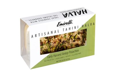 Emirelli Artisanal Halva Dessert - Authentic Middle Eastern Candy Turkish Sweets - Vegan Candy 55%-Tahini Halwa - Halvah Traditional International Sweets - Harvest Antep Pistachios Flavor, Pack of 1