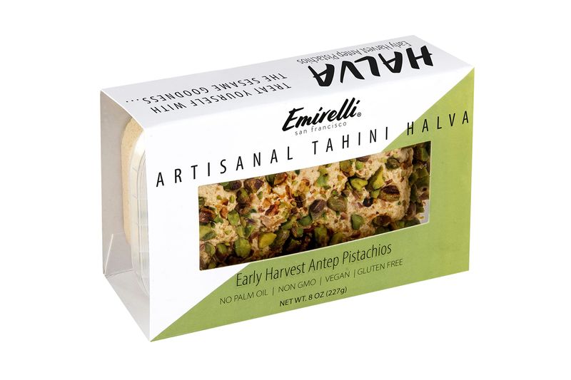 Emirelli Artisanal Halva Dessert - Authentic Middle Eastern Candy Turkish Sweets - Vegan Candy 55%-Tahini Halwa - Halvah Traditional International Sweets - Harvest Antep Pistachios Flavor, Pack of 1