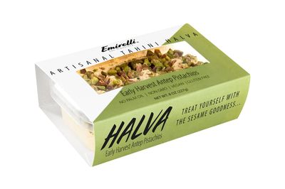 Emirelli Artisanal Halva Dessert - Authentic Middle Eastern Candy Turkish Sweets - Vegan Candy 55%-Tahini Halwa - Halvah Traditional International Sweets - Harvest Antep Pistachios Flavor, Pack of 1