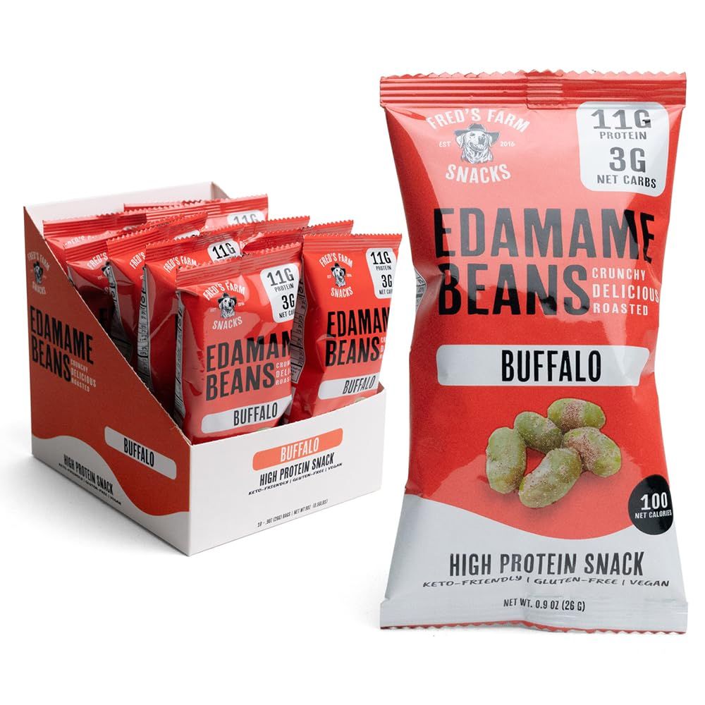 Fred&#39;s Farm Roasted Edamame Snacks - Buffalo, Low Calorie (0.9oz, 10-Pack) | Keto-Friendly, Low Carb, High Protein (11g) | Vegan, Gluten-Free | Ideal Crunchy Snack for Office and On-the-Go