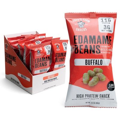 Fred&#39;s Farm Roasted Edamame Snacks - Buffalo, Low Calorie (0.9oz, 10-Pack) | Keto-Friendly, Low Carb, High Protein (11g) | Vegan, Gluten-Free | Ideal Crunchy Snack for Office and On-the-Go