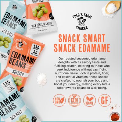 Fred's Farm Roasted Edamame Snacks - Buffalo, Low Calorie (0.9oz, 10-Pack) | Keto-Friendly, Low Carb, High Protein (11g) | Vegan, Gluten-Free | Ideal Crunchy Snack for Office and On-the-Go