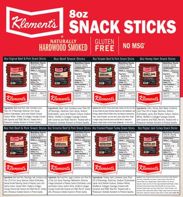 Klement's 8oz Snack Sticks Variety Pack - One 8oz Package of Each Flavor (Original, Honey Ham, Teriyaki, Beef, Pepper Jack, Cracked Pepper, Hot & Sriracha)