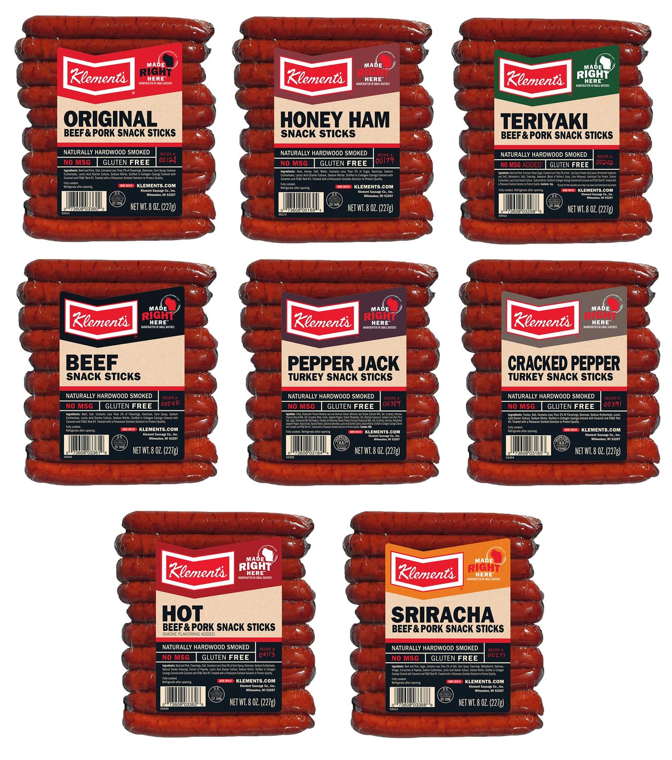 Klement&#39;s 8oz Snack Sticks Variety Pack - One 8oz Package of Each Flavor (Original, Honey Ham, Teriyaki, Beef, Pepper Jack, Cracked Pepper, Hot &amp; Sriracha)