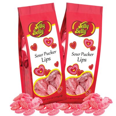 Valentines Day Sour Pucker Lips Gummies, Strawberry, Watermelon, and Cherry Flavored Pink and Red Chewy Lip Candy, 6 Ounces, Pack of 2