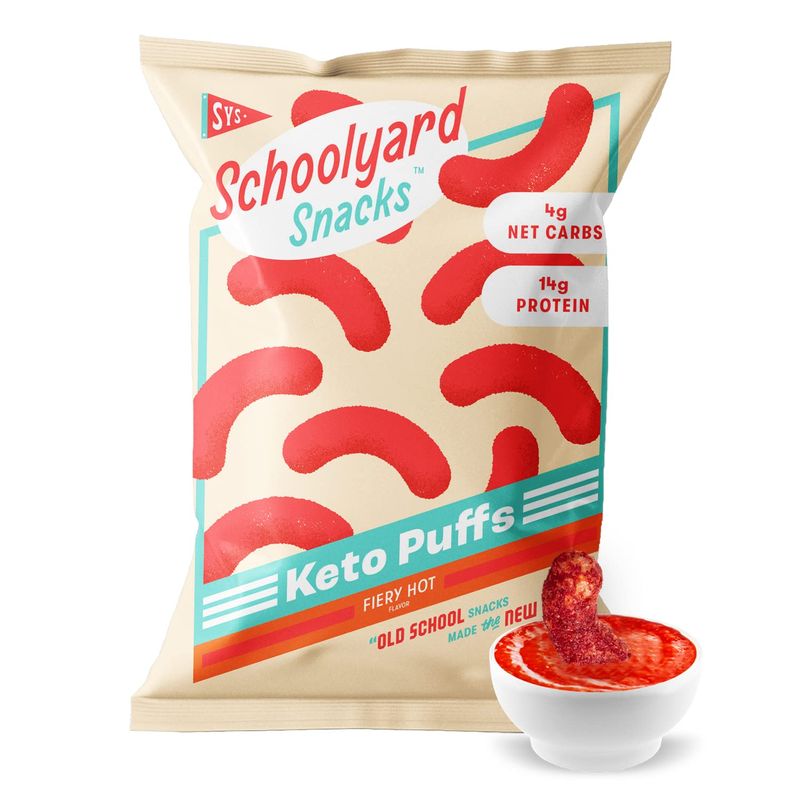 Schoolyard Snacks 12 Pack Low Carb Low Sugar Keto Protein Puffs (Fiery Hot) - USA Made High Protein Snack Keto Chips, Gluten &amp; Grain Free Low Carb Chips &amp; Calorie, Keto Friendly 15g Protein Chips