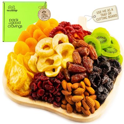 NUT CRAVINGS Gourmet Collection - Valentines Dried Fruit &amp; Mixed Nuts Gift Basket in Wooden Apple-Shaped Tray (9 Assortments) Arrangement Platter, Healthy Kosher USA Made Corporate