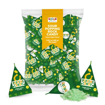 PartyWorks St. Patrick&#39;s Day Sour Popping Rock Candy, Green Apple Flavor, 40-Count Bag