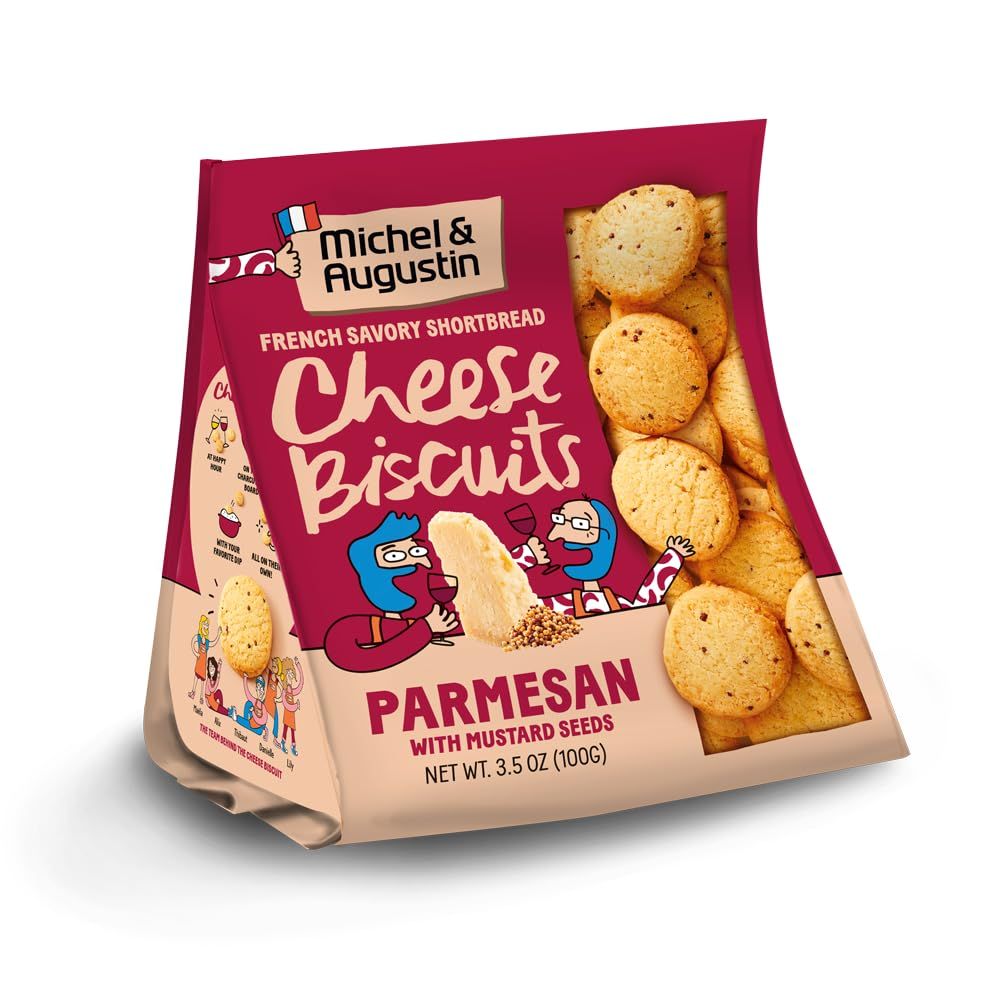 Michel et Augustin Gourmet Crackers, Parmesan Cheese Biscuits with Mustard Seeds, Savory Party Crackers, French Snacks, 3.5 oz. Bags