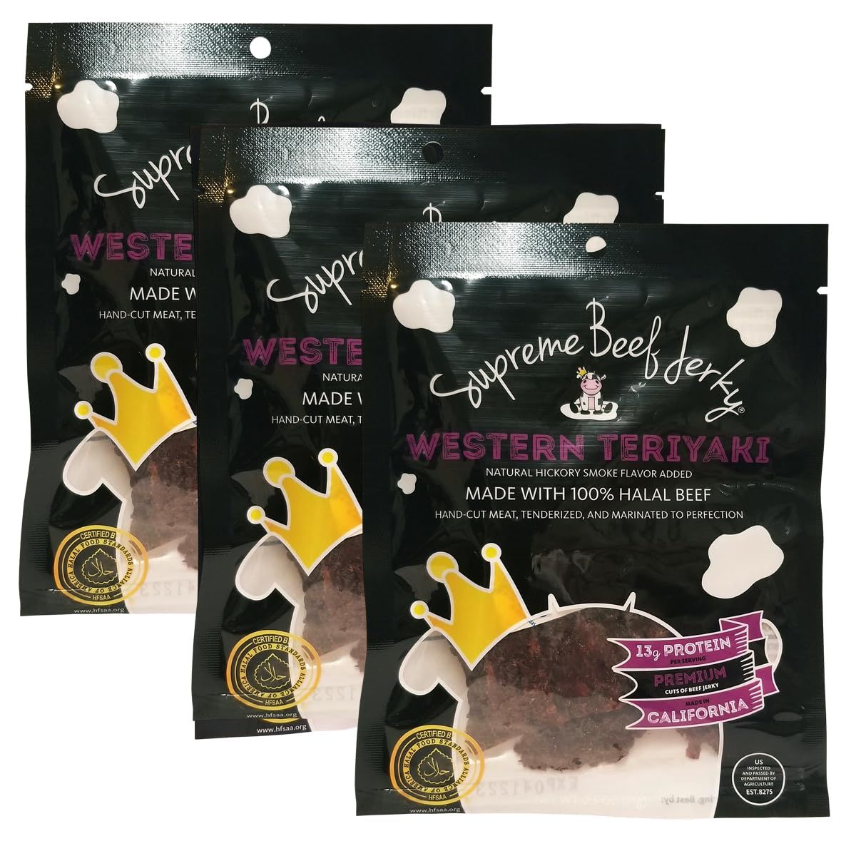 Supreme Beef Jerky, Halal Beef Jerky, Zabiha Halal Certified Beef, Handcrafted Gourmet Meat Snacks, 2.5 oz, Western Teriyaki, 2.5 Ounce B2G1 3-Pack
