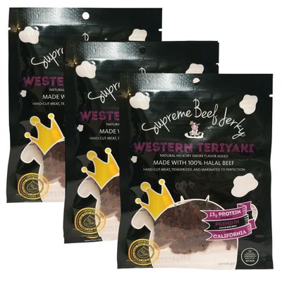 Supreme Beef Jerky, Halal Beef Jerky, Zabiha Halal Certified Beef, Handcrafted Gourmet Meat Snacks, 2.5 oz, Western Teriyaki, 2.5 Ounce B2G1 3-Pack