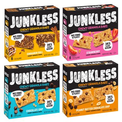 Junkless Chewy Granola Bar 4-Flavor Variety Pack - Less Sugar, Great Tasting, Wholesome Snacks - Bulk Granola Bars - 1.1 oz. Bars, 4 Boxes