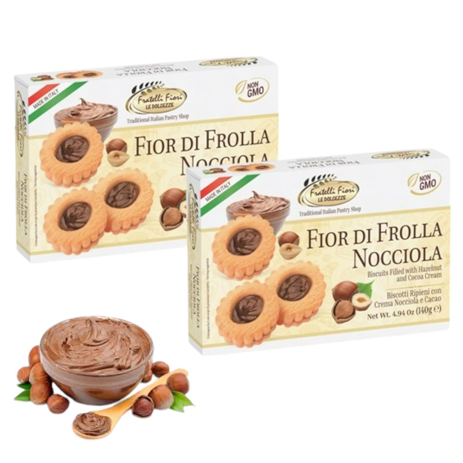 Fratelli Fiori Fior Di Frolla Hazelnut Cookies - Italian Biscotti Cookies Filled with Rich Hazelnut Cream - Healthy Cookies with Buttery Texture Ideal for Coffee Pairing, Dessert &amp; Gifting - 2 Pack