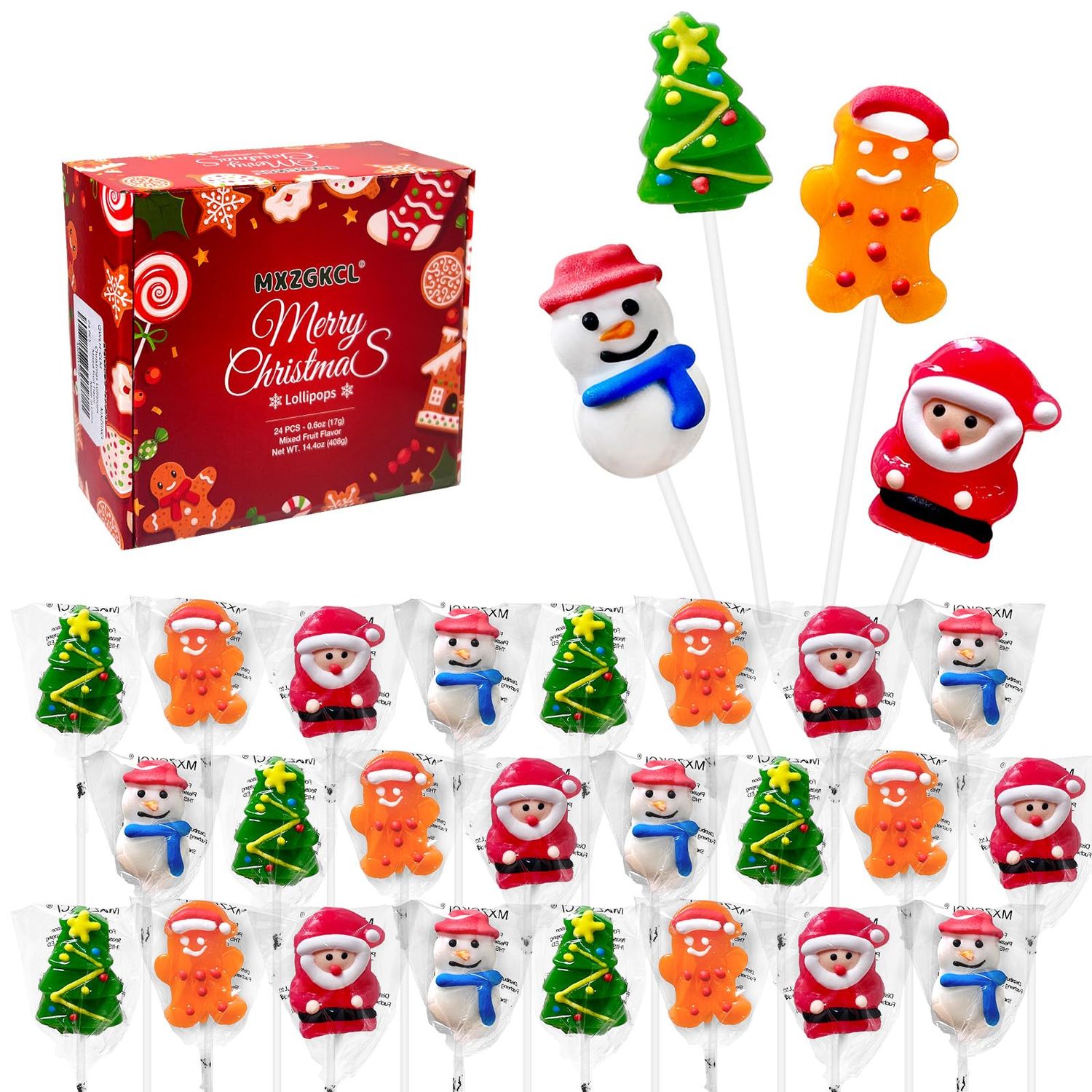 24 Assorted Big Christmas Lollipops Suckers, Christmas Candy Gift Lollipops Individually Wrapped Bulk, Snowman Candies for Christmas Party Favors or Gift Boxes, Christmas Stocking Stuffers