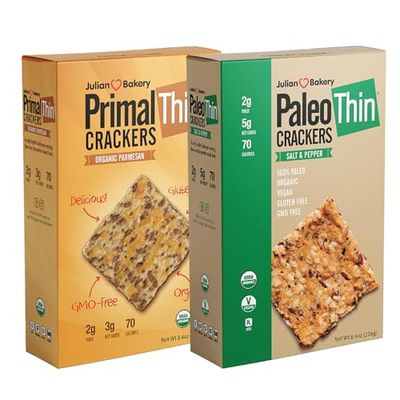 Julian Bakery Paleo &amp; Primal Thin Crackers | Salt &amp; Pepper &amp; Parmesan | USDA Organic | Gluten-Free | Grain-Free | GMO Free | Low Carb | Variety 2 Pack