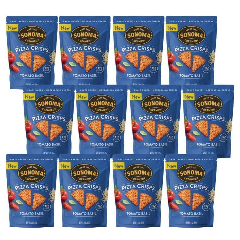 Sonoma Creamery Pizza Crisps, Tomato Basil, 2 Oz (12 Count) | Savory Snack Cracker | High Protein | Low Carb | Gluten Free | Wheat Free |Keto Friendly