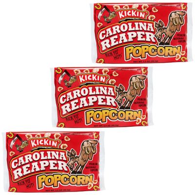 KICKIN Carolina Reaper Pepper Microwave Popcorn - Spicy Snacks - Pack of 3 - Ultimate Spicy Gourmet Gift Popcorn - Makes a Great Movie Theater Popcorn or Snack Food - Try if you dare