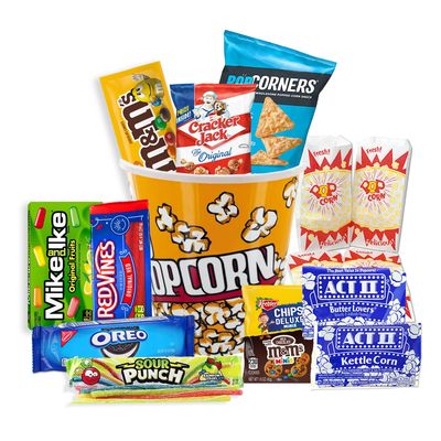 Movie Night Gift Basket Snacks Candy &amp; Popcorn, Full size Treats for Kids, College Students &amp; Family, Care Package Birthday Gift or popcorn lover, family night