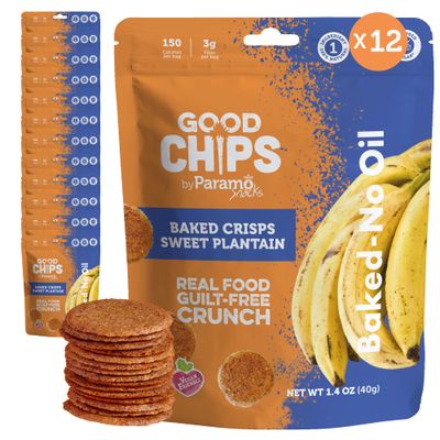 Baked Sweet Plantain Maduritos Chips by GOOD CHIPS. No Added Sugar, Oil Free, Vegan. Only One Ingredient. 1.4 oz Bags, Pack of 12