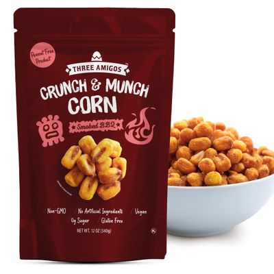 Three Amigos Smoked BBQ Corn Nuts Original Flavor, Suger Free, 100% Vagan, Non-GMO (All Natural Ingredients) Guilt-Free snacking Toasted Corn Kernels in Reseable Bag - Crunchy Snack (12 OZ)