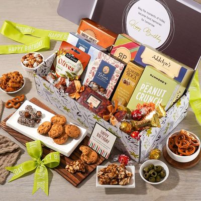 Broadway Basketeers Happy Birthday Gift Box - Deluxe Gourmet Delight - Curated Snack Box - Sweet and Savory Treats for Parties - Birthday Presents for Women, Men, Mom, Dad, Her, Him
