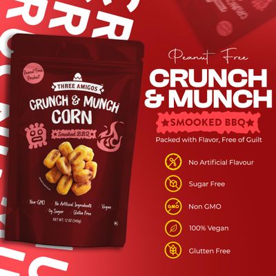 Three Amigos Smoked BBQ Corn Nuts Original Flavor, Suger Free, 100% Vagan, Non-GMO (All Natural Ingredients) Guilt-Free snacking Toasted Corn Kernels in Reseable Bag - Crunchy Snack (12 OZ)