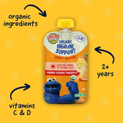 Earth's Best Organic Kids Snacks, Sesame Street Toddler Snacks, Immune Support Fruit Smoothie for Toddlers 2 Years and Older, Pineapple Orange Banana, 4 oz (Pack of 12)