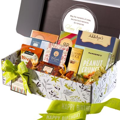 Broadway Basketeers Happy Birthday Gift Box - Deluxe Gourmet Delight - Curated Snack Box - Sweet and Savory Treats for Parties - Birthday Presents for Women, Men, Mom, Dad, Her, Him