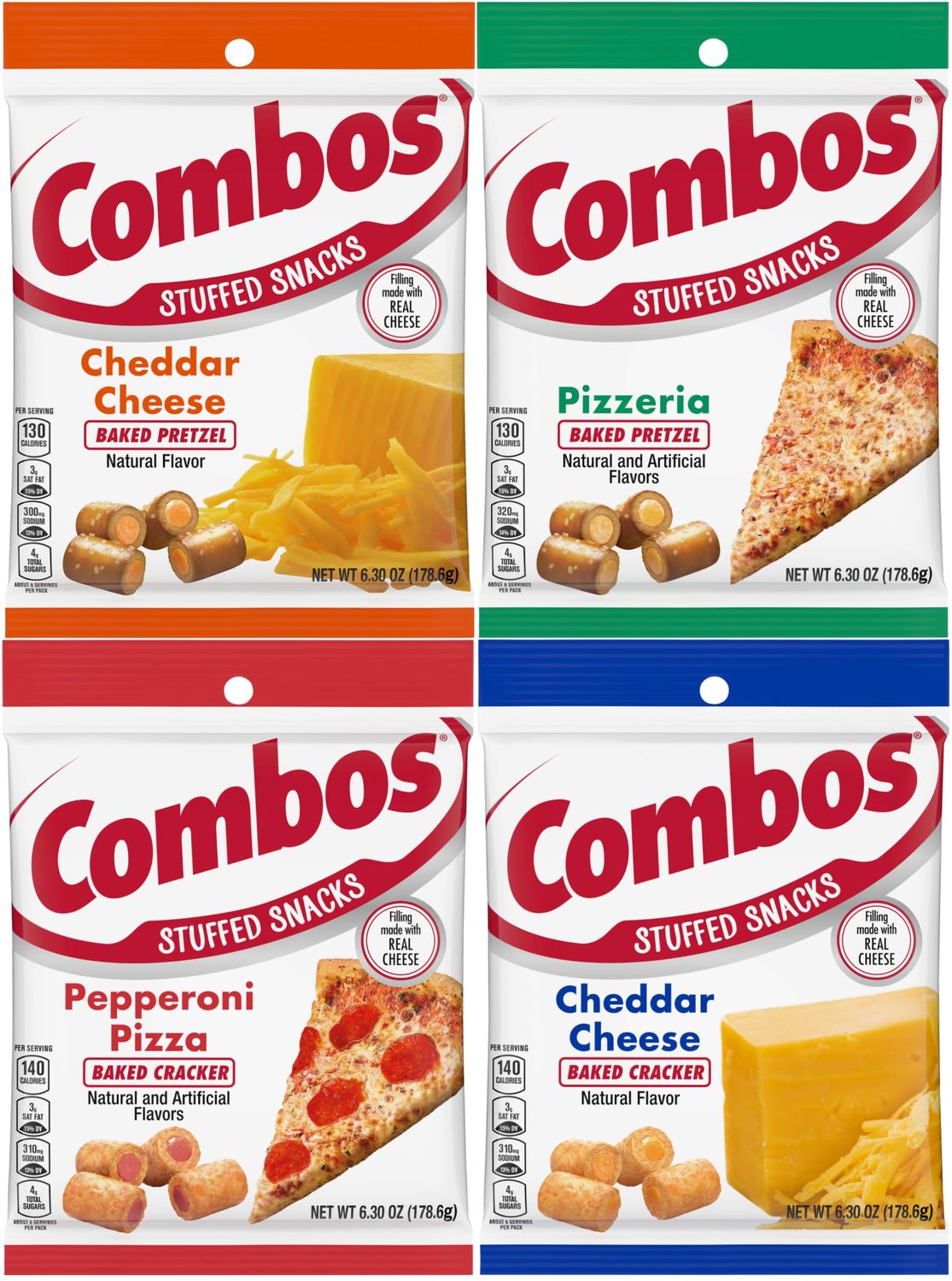 Combos Classic Variety (Pack of 4) Cheddar Cheese Cracker and Pretzel, Pepperoni Cracker and Pizzeria Pretzel (6.3 Ounce Each)