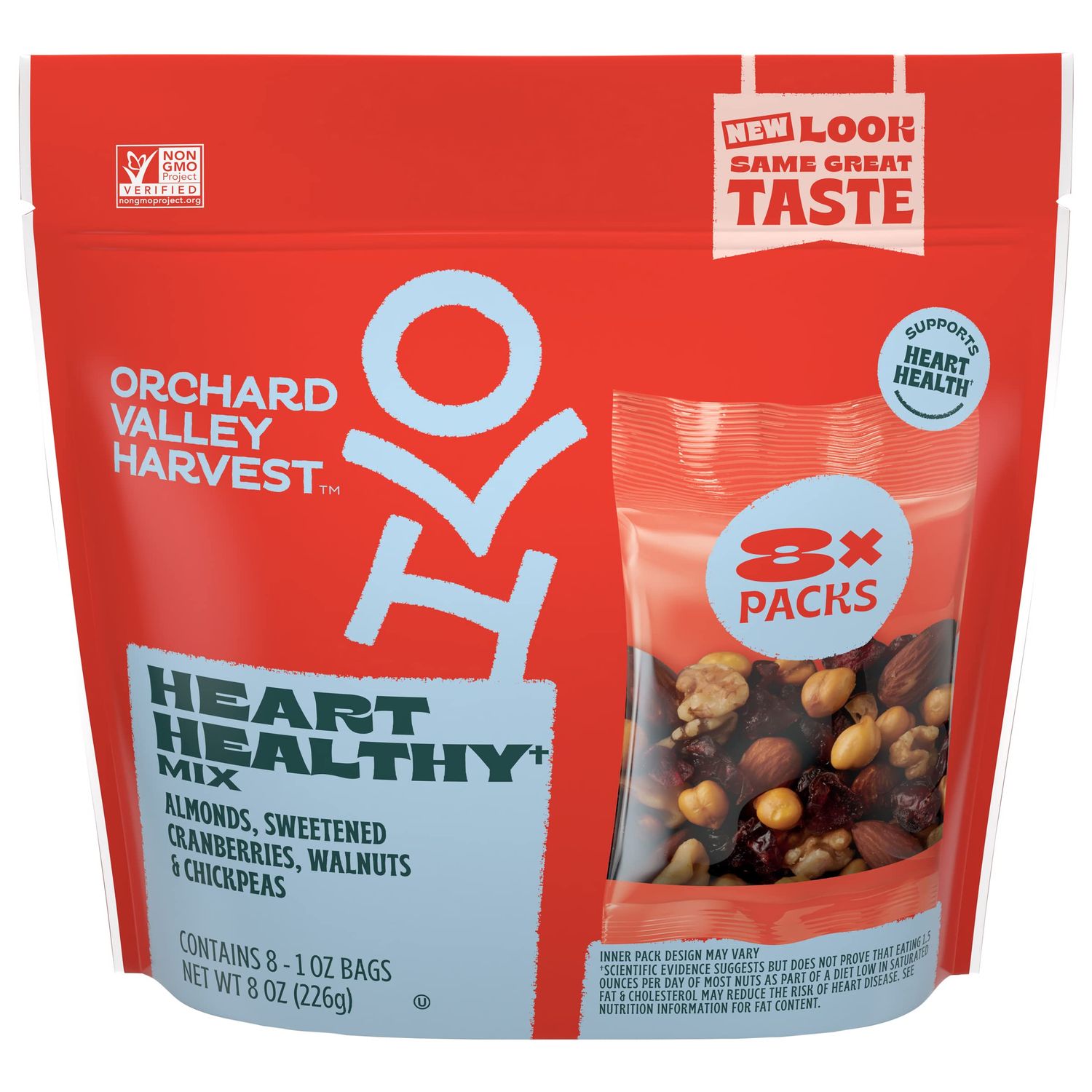 Orchard Valley Harvest Heart Healthy Mix, 1 oz (Pack of 8), Almonds, Cranberries, Walnuts, &amp; Chickpeas, Gluten Free, Non-GMO, No Artificial Ingredients, Resealable Bag, Snacks for Adults &amp; Kids
