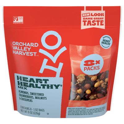Orchard Valley Harvest Heart Healthy Mix, 1 oz (Pack of 8), Almonds, Cranberries, Walnuts, &amp; Chickpeas, Gluten Free, Non-GMO, No Artificial Ingredients, Resealable Bag, Snacks for Adults &amp; Kids