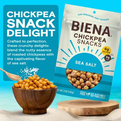 BIENA Chickpea Snacks - Crunchy Roasted Chickpeas - High Fiber Vegan Protein Snacks for Adults and Kids - 8-Pack, 5 Ounce Bags - Sea Salt