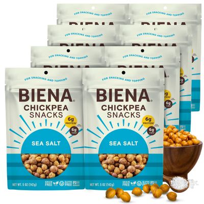BIENA Chickpea Snacks - Crunchy Roasted Chickpeas - High Fiber Vegan Protein Snacks for Adults and Kids - 8-Pack, 5 Ounce Bags - Sea Salt