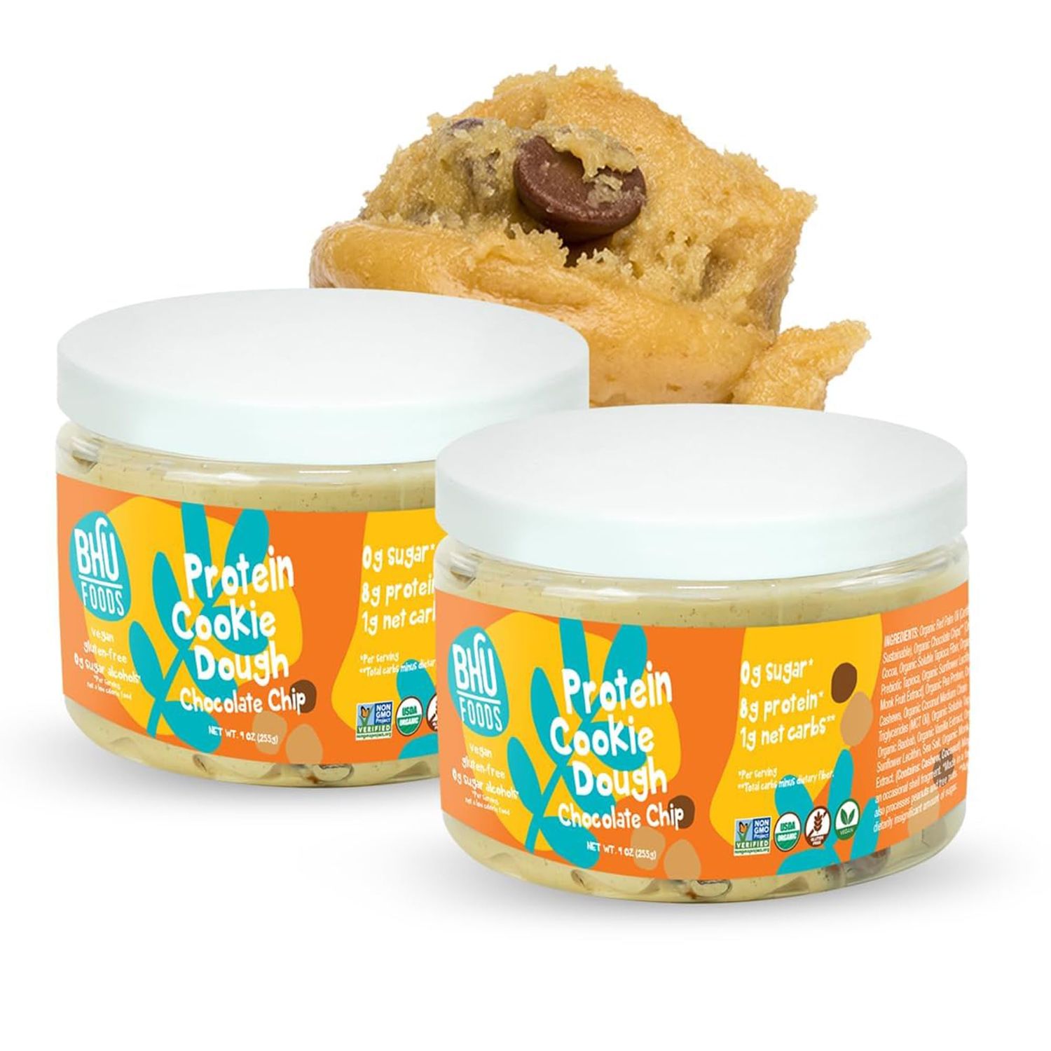 BHU FOODS Keto Protein Cookie Dough Snack Jar | Chocolate Chip, 8g Protein, 1g Net Carbs, less than 1g Sugar | Organic &amp; Vegan, Gluten Free Dairy Free | 2 Packs | Keto Snacks