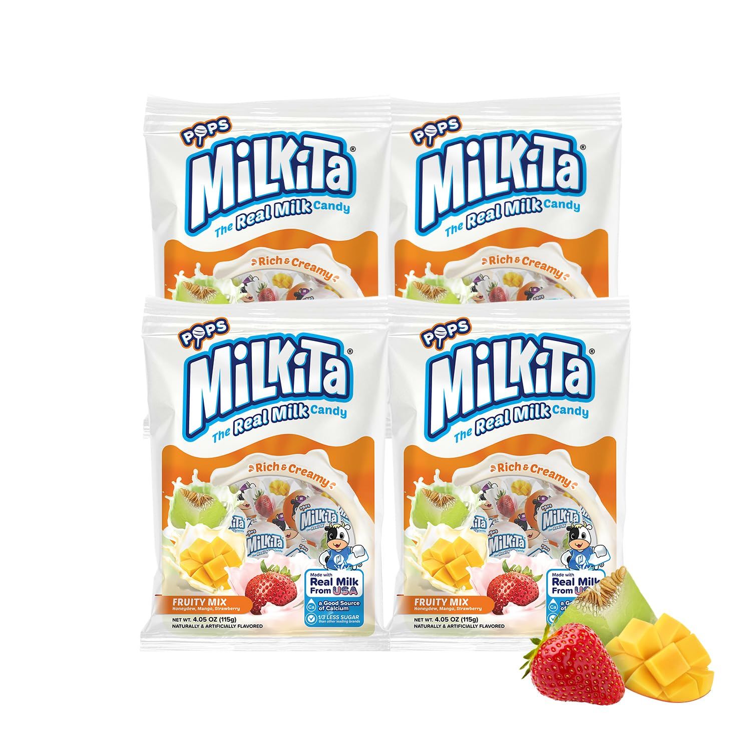 Milkita Creamy Shake Lollipop Pack of 4, Gluten Free Chewy Candies with Calcium &amp; Real Milk, Zero Trans Fat, Low-Sugar, Fruity Flavors (Strawberry, Honeydew, Mango), 40 Pcs