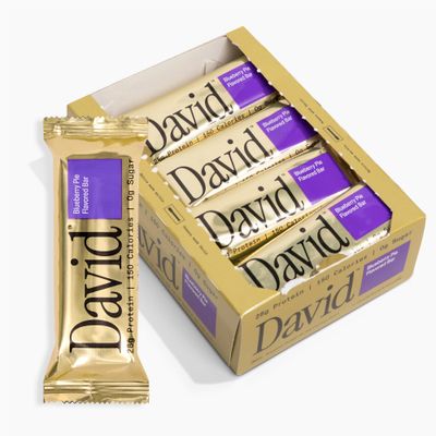David, Protein Bar, Blueberry Pie, Pack of 12 Protein Bars | 28g of Protein | 150 Calories | 0g of Sugar - High Protein, Low Carb, Gluten Free Protein Bar