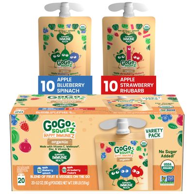 GoGo squeeZ Happy ImmuneZ Variety Pack, Organic Apple Blueberry Spinach &amp; Apple Strawberry Rhubarb, 3.2 oz (Pack of 20), Kids Snacks with Prebiotic Fiber, Gluten, Nut &amp; Dairy Free