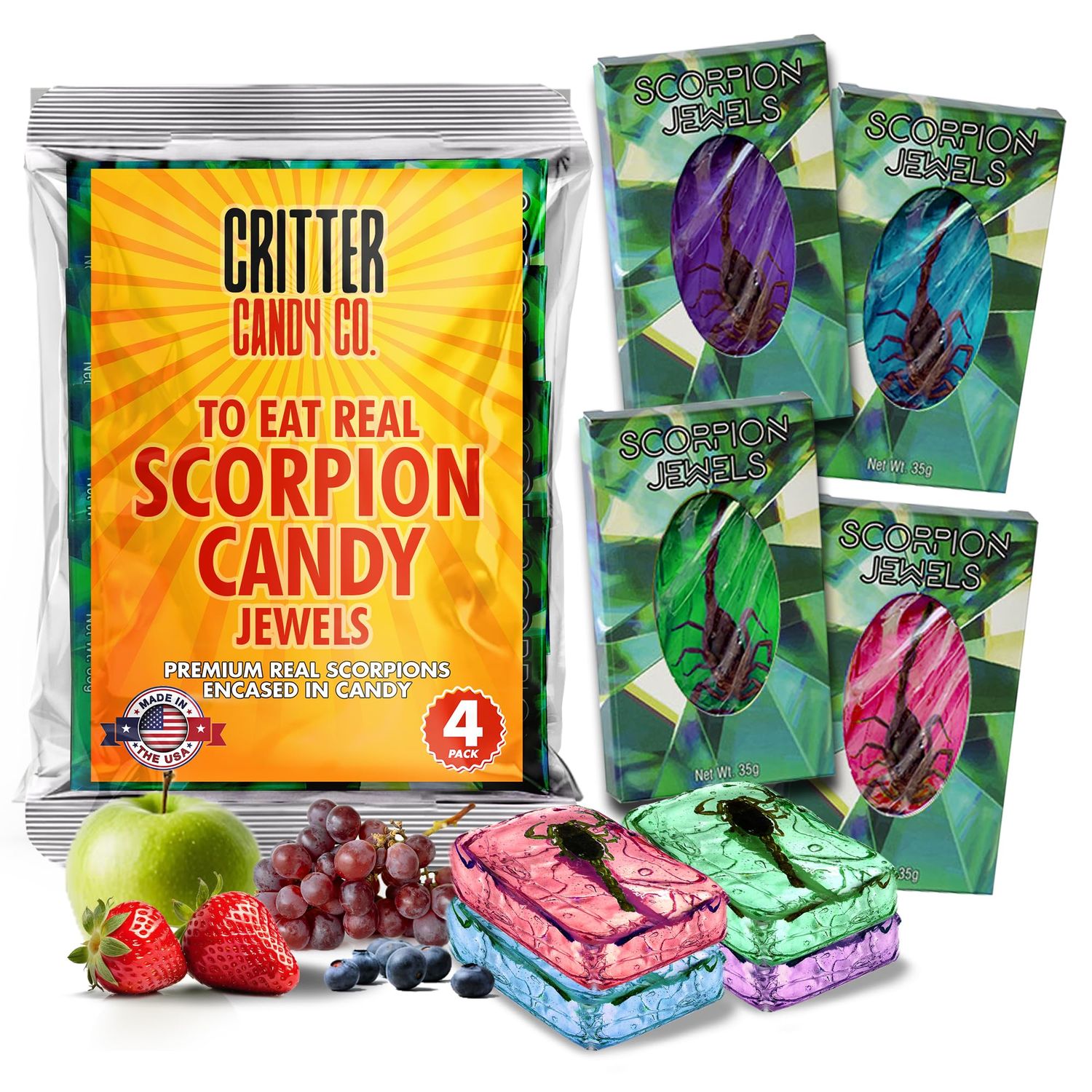Hotlix Real Scorpions Candy Jewels (4-Pack), Insect Candy, Edible Bugs For Humans, Bug Sucker, Exotic Snacks, Weird Snacks, Scorpion Assorted Candy, Exotic candy, Halloween Lollipops, Dried Bugs