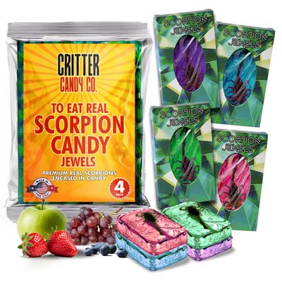 Hotlix Real Scorpions Candy Jewels (4-Pack), Insect Candy, Edible Bugs For Humans, Bug Sucker, Exotic Snacks, Weird Snacks, Scorpion Assorted Candy, Exotic candy, Halloween Lollipops, Dried Bugs
