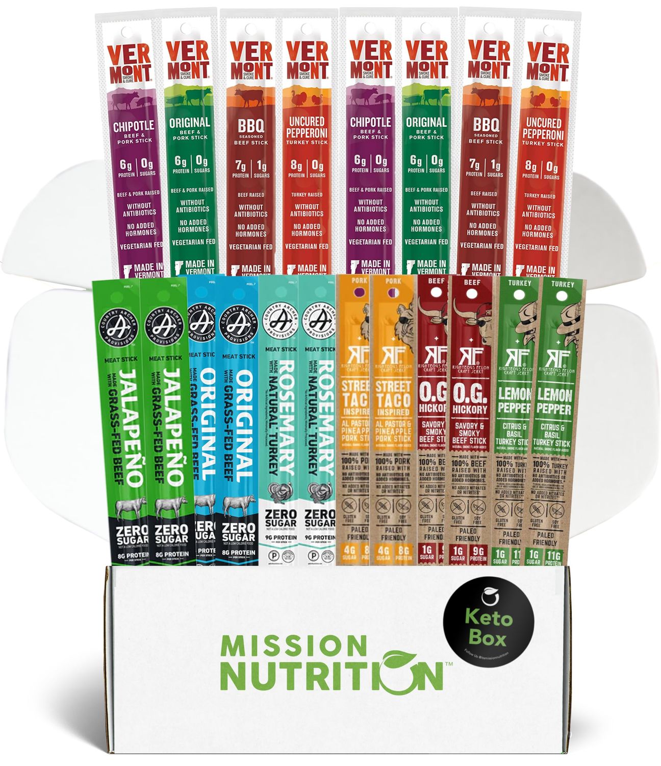 Mission Nutrition Snack Box: 20 Pack Variety of Meat Sticks featuring Vermont, Country Archer &amp; Righteous Felon - Beef Jerky Sticks all High Protein, Low Carb, Keto-Friendly, Gluten-Free