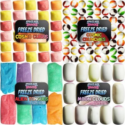 Premium Freeze Dried Candy Variety Pack with 4 Kinds of Candy - Alien Tongues, Cosmo Cubes, Cosmic Crunchies, Moon Clouds and Stickers - Freeze Dried Candy Sampler Shipped in Box for Protection