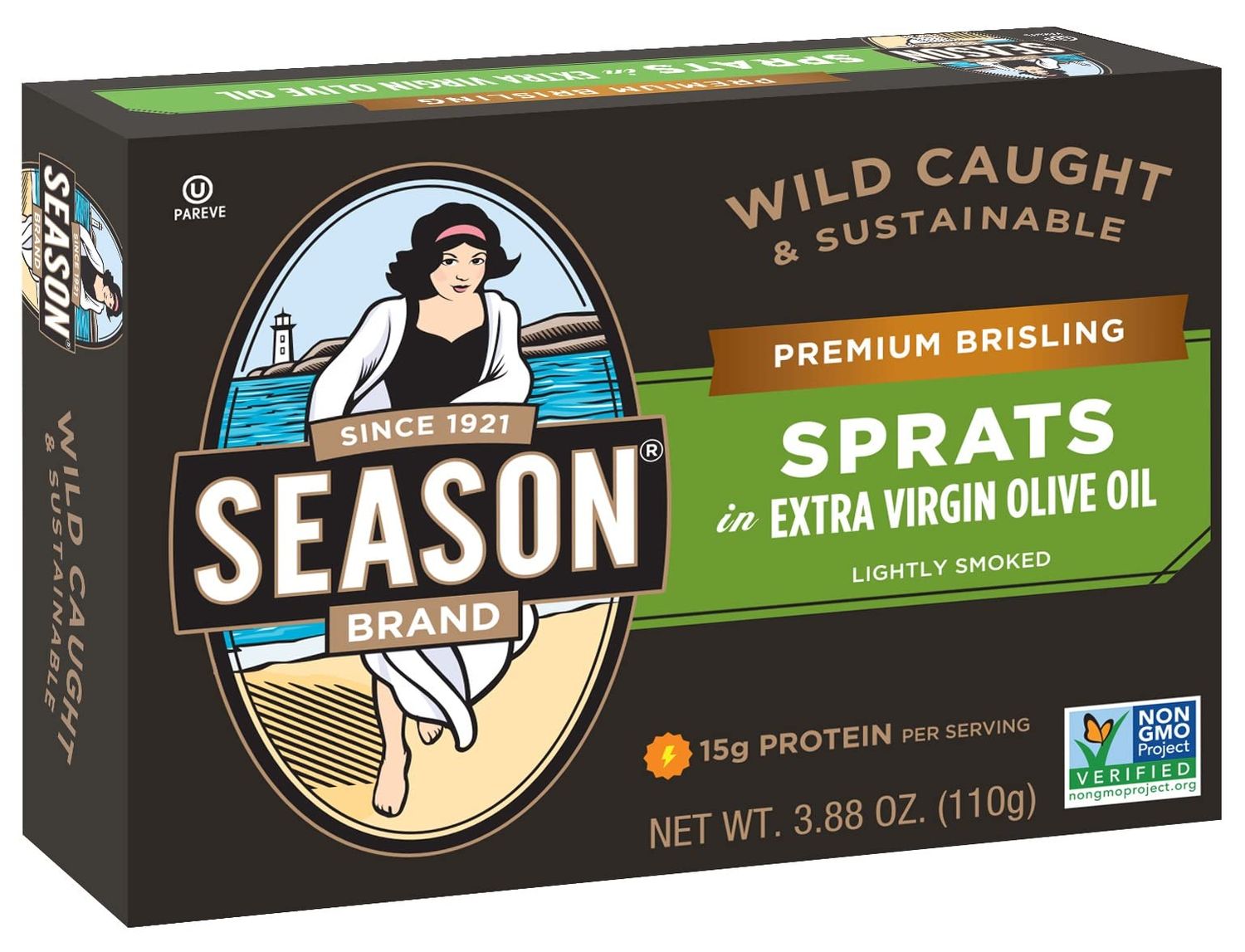 Season Brisling Sprats in Extra Virgin Olive Oil - Lightly Smoked, Wild Caught, 15g of Protein, Keto Snacks, More Omega 3&#39;s Than Tuna, Kosher, High in Calcium, Canned Sardines - 3.88 Oz Tins, 12-Pack
