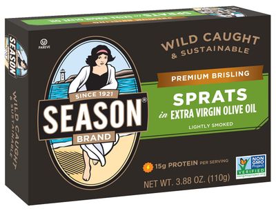 Season Brisling Sprats in Extra Virgin Olive Oil - Lightly Smoked, Wild Caught, 15g of Protein, Keto Snacks, More Omega 3&#39;s Than Tuna, Kosher, High in Calcium, Canned Sardines - 3.88 Oz Tins, 12-Pack