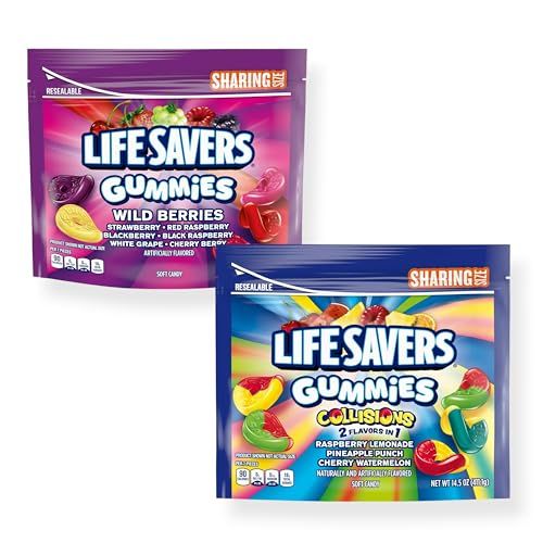 ASSORTIT X Lifesavers Collab Original Wild Berry &amp; Collisions 2 In 1 Flavors Variety 2 Pack Soft Chewable Gummies Sampler 14.5 Oz Resealable Bags