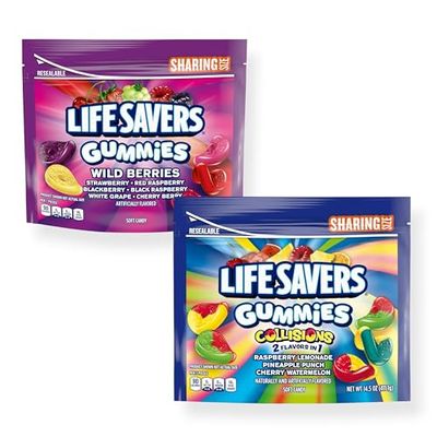 ASSORTIT X Lifesavers Collab Original Wild Berry &amp; Collisions 2 In 1 Flavors Variety 2 Pack Soft Chewable Gummies Sampler 14.5 Oz Resealable Bags