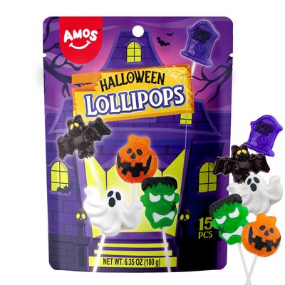 Amos Halloween Candy Lollipop, Monster Variety Suckers Individually Wrapped, Spooky Candies for Trick or Treat (6.35oz,15 Pack)